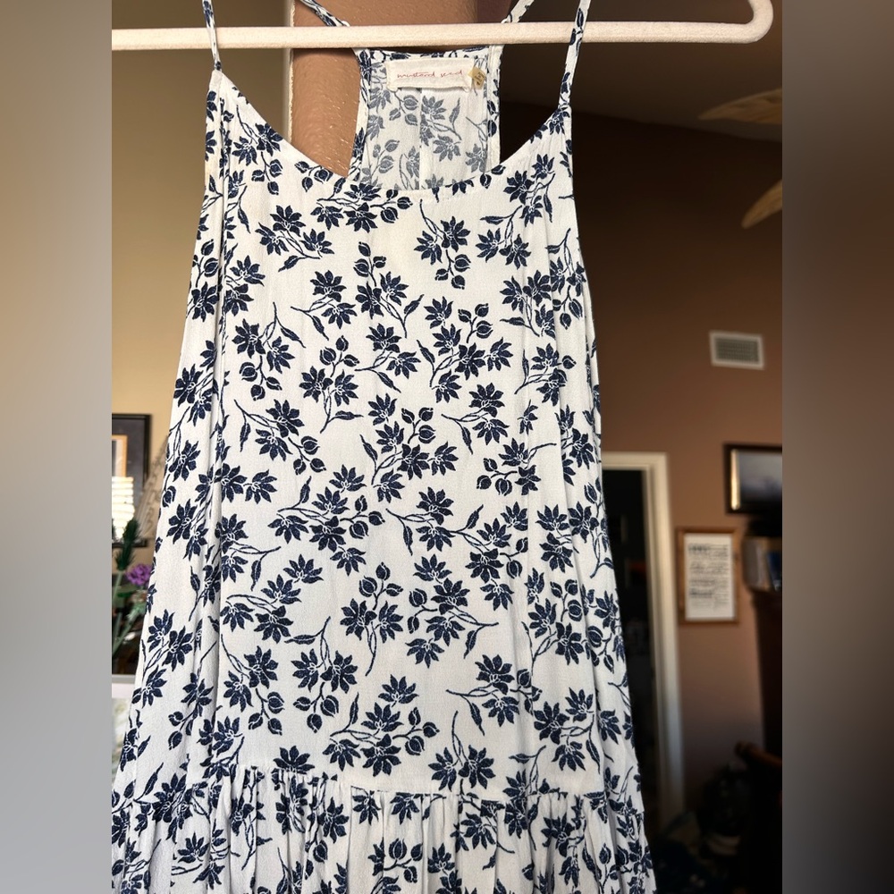 Mustard seed size small flowy tank top white with blue flowers